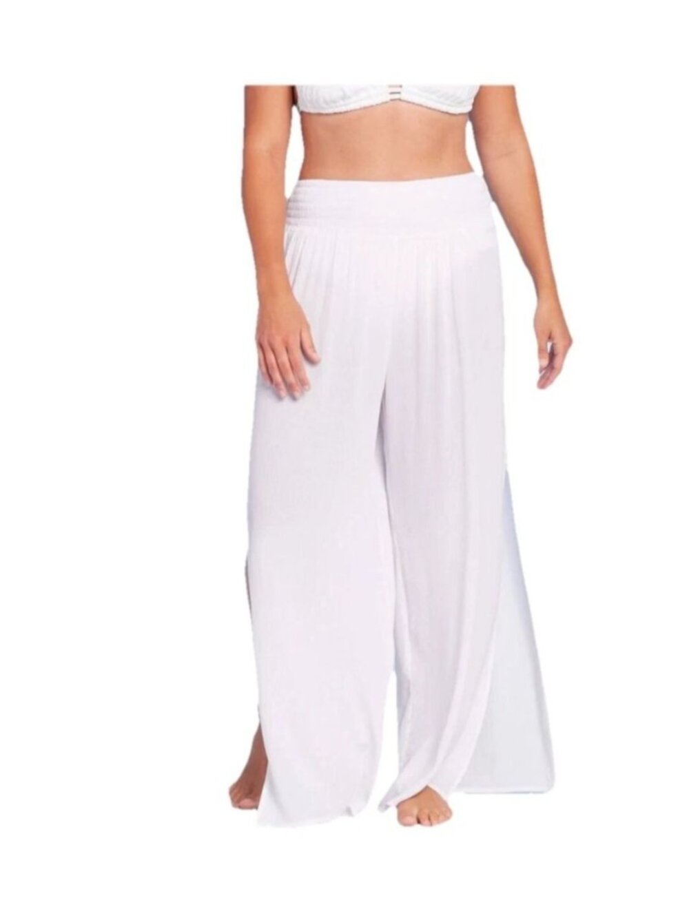Shade & Shore Womens White Wide-Leg Pants XL Lightweight Elastic Waist Beachwear